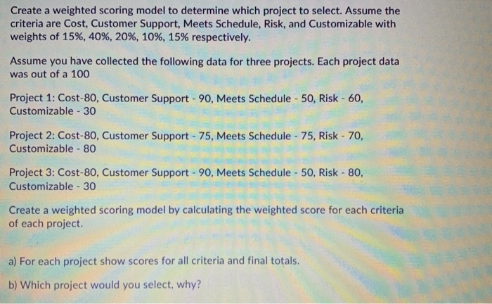 Create a weighted scoring model to determine