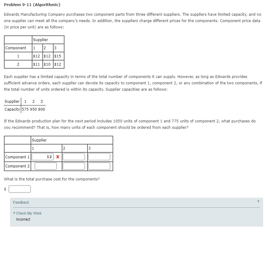 Problem 9-11 (Algorithmic) Edwards Manufacturing