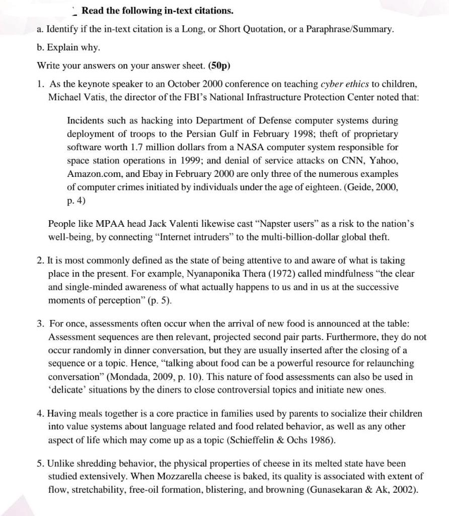 a. Identify if it is a Long, or Short Quotation,