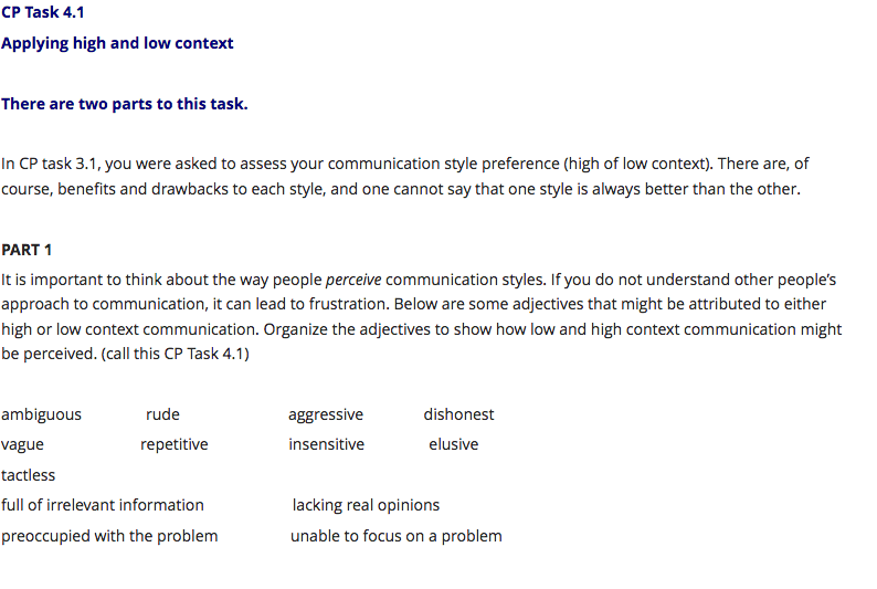 CP Task 4.1 Applying high and low context There