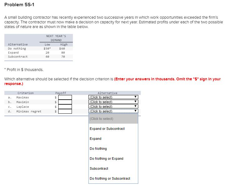 Problem 5S-1 A small building contractor has