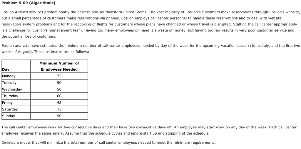 Problem 9-09 (Algorithmic) Epsilon Airlines