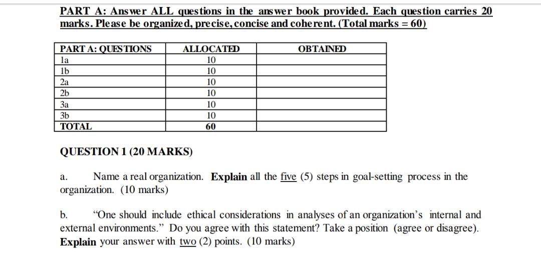 PART A: Answer ALL questions in the answer book