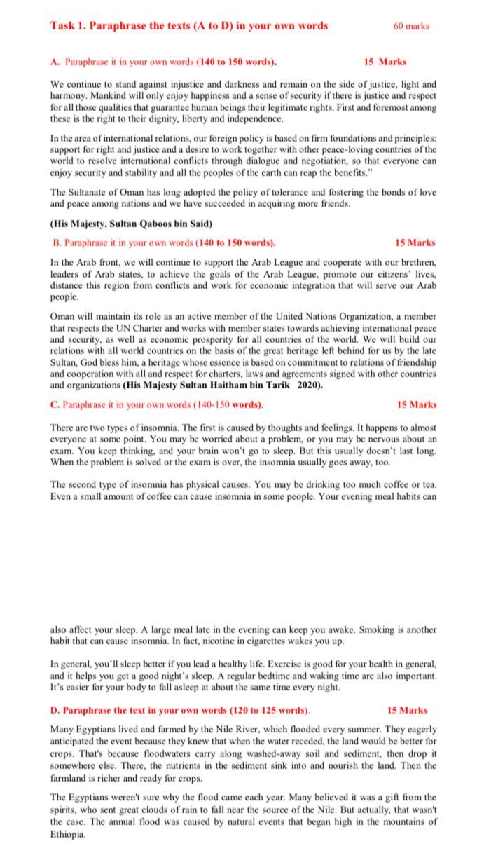 Task 1. Paraphrase the texts (A to D) in your own