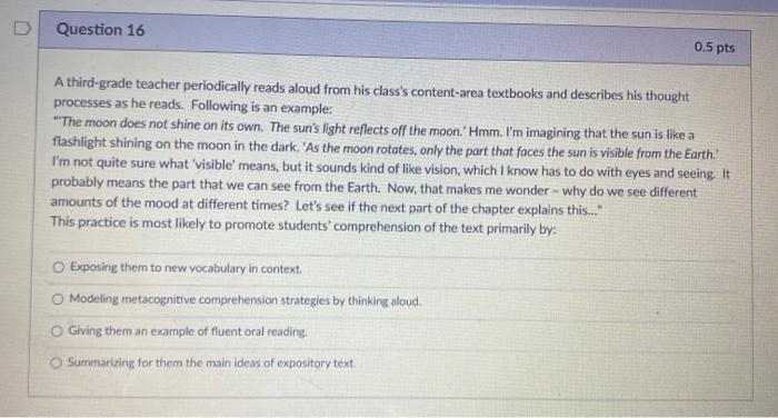 Question 16 0.5 pts A third-grade teacher