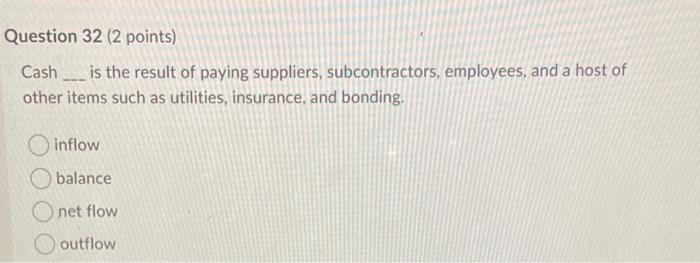 Question 32 (2 points) Cash ___ is the result of