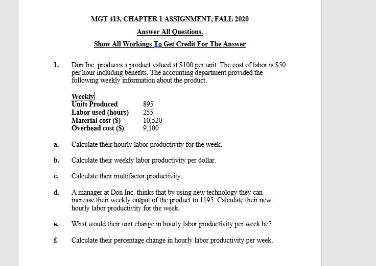 MGT 413, CHAPTER 1 ASSIGNMENT, FALL 2020 Answer