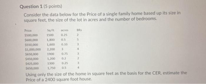Question 1 (5 points) Consider the data below for