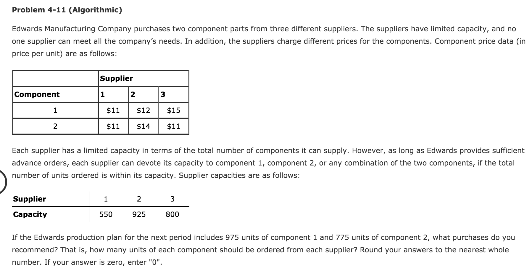 Problem 4-11 (Algorithmic) Edwards Manufacturing