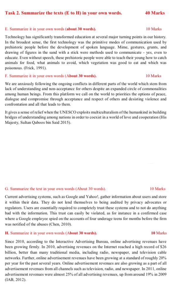 g,h Task 2. Summarize the texts (E to H) in your