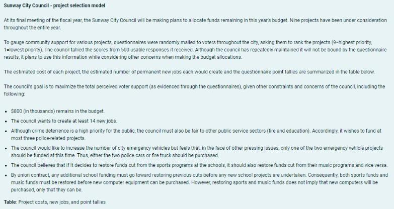 Sunway City Council - project selection model At