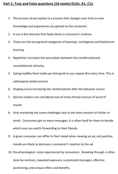 CONSUMER BEHAVIOR Please help Part 1: True and