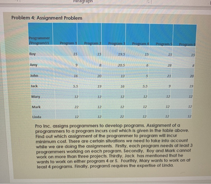 Paragraph Problem 4: Assignment Problem