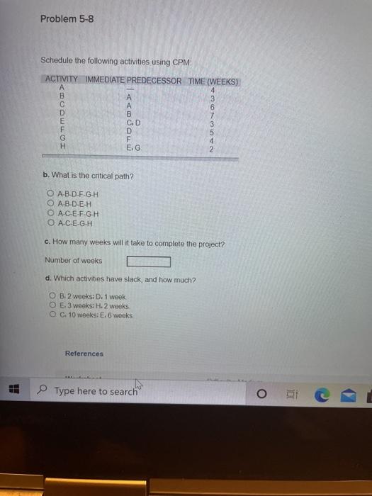 Problem 5-8 Schedule the following activities