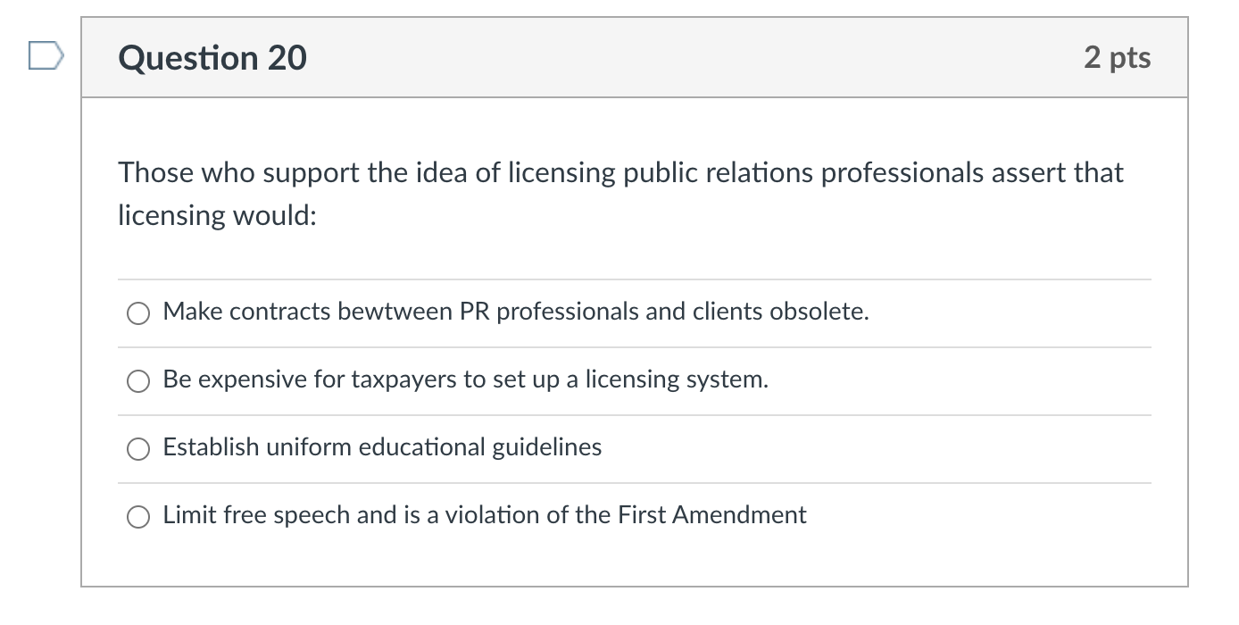 Question 20 2 pts Those who support the idea of