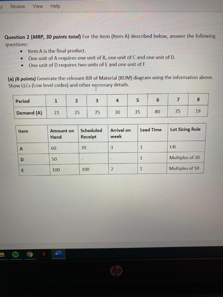 15 Review View Help Question 2 (MRP, 30 points