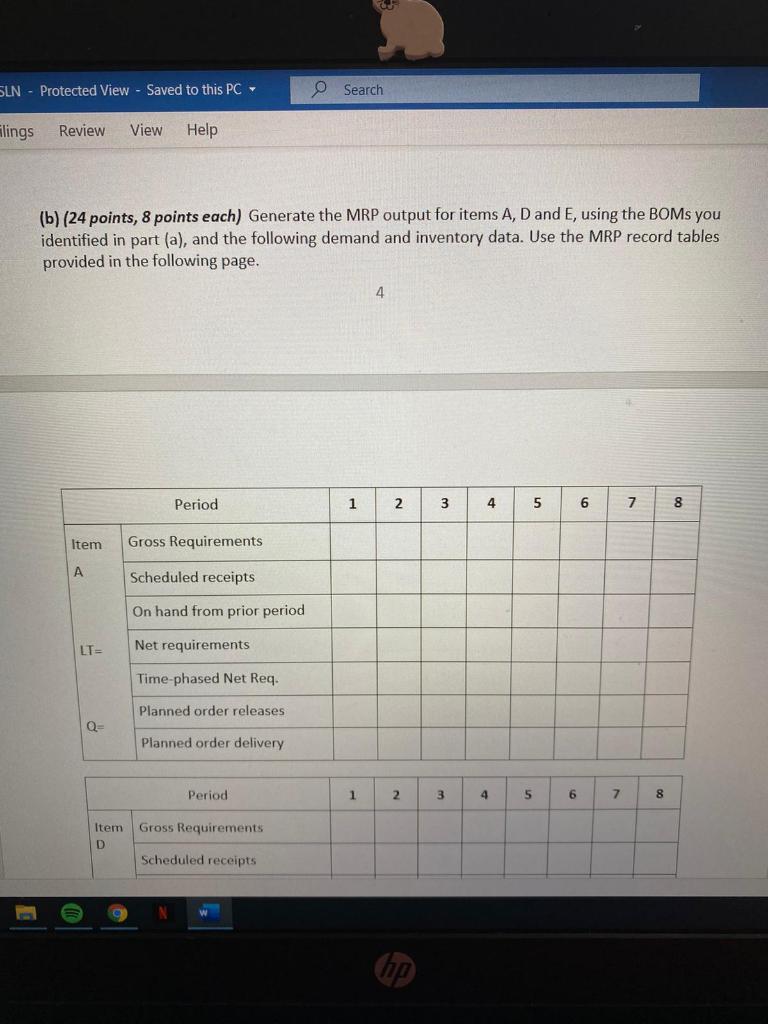15 Review View Help Question 2 (MRP, 30 points