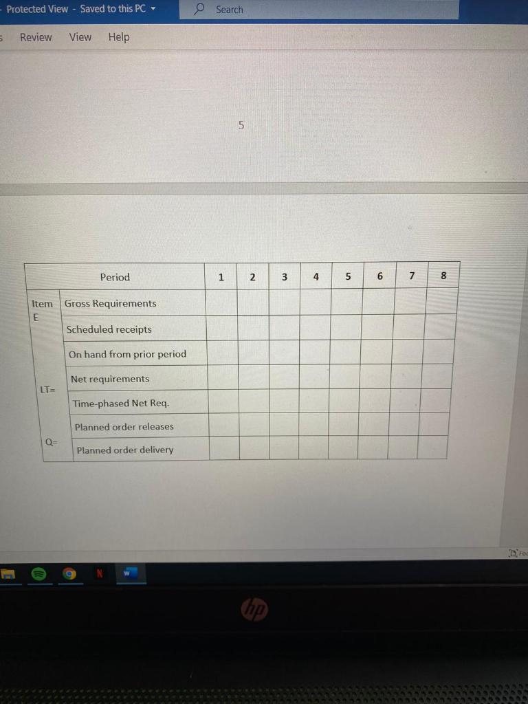 15 Review View Help Question 2 (MRP, 30 points