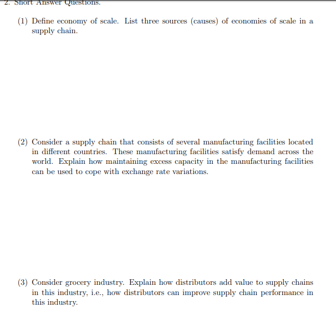 2. Short Answer Questions. (1) Define economy of