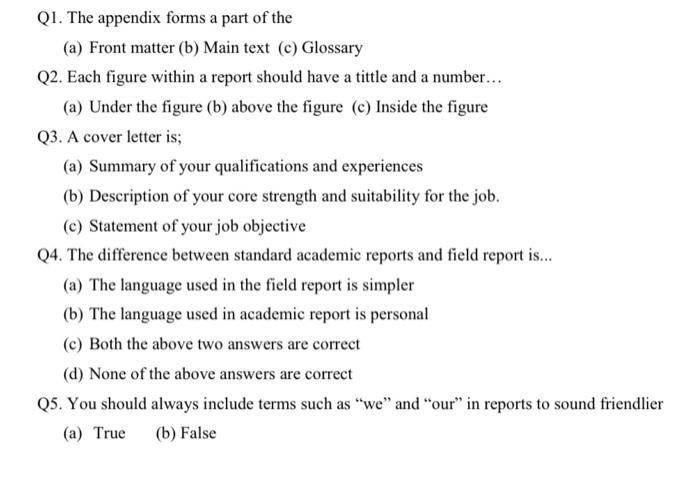 Q1. The appendix forms a part of the (a) Front