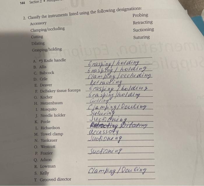 144 Section 2 2. Classify the instruments listed