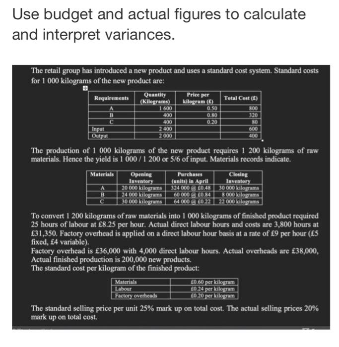 Use budget and actual figures to calculate and