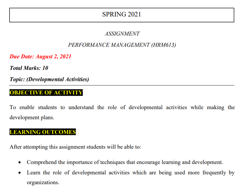 SPRING 2021 ASSIGNMENT PERFORMANCE MANAGEMENT