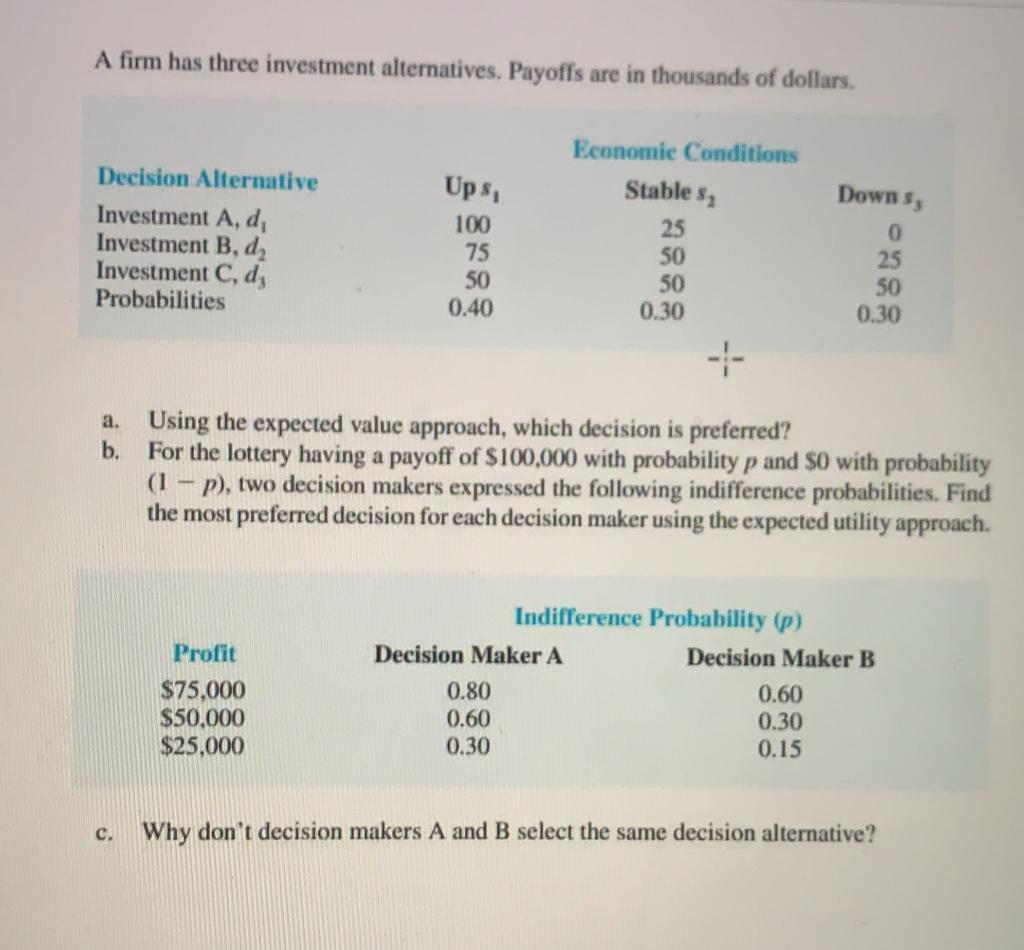 A firm has three investment alternatives. Payoffs