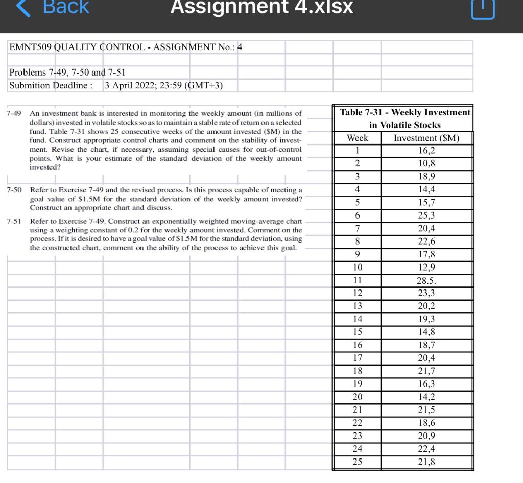 < Back Assignment 4.xlsx EMNT509 QUALITY CONTROL