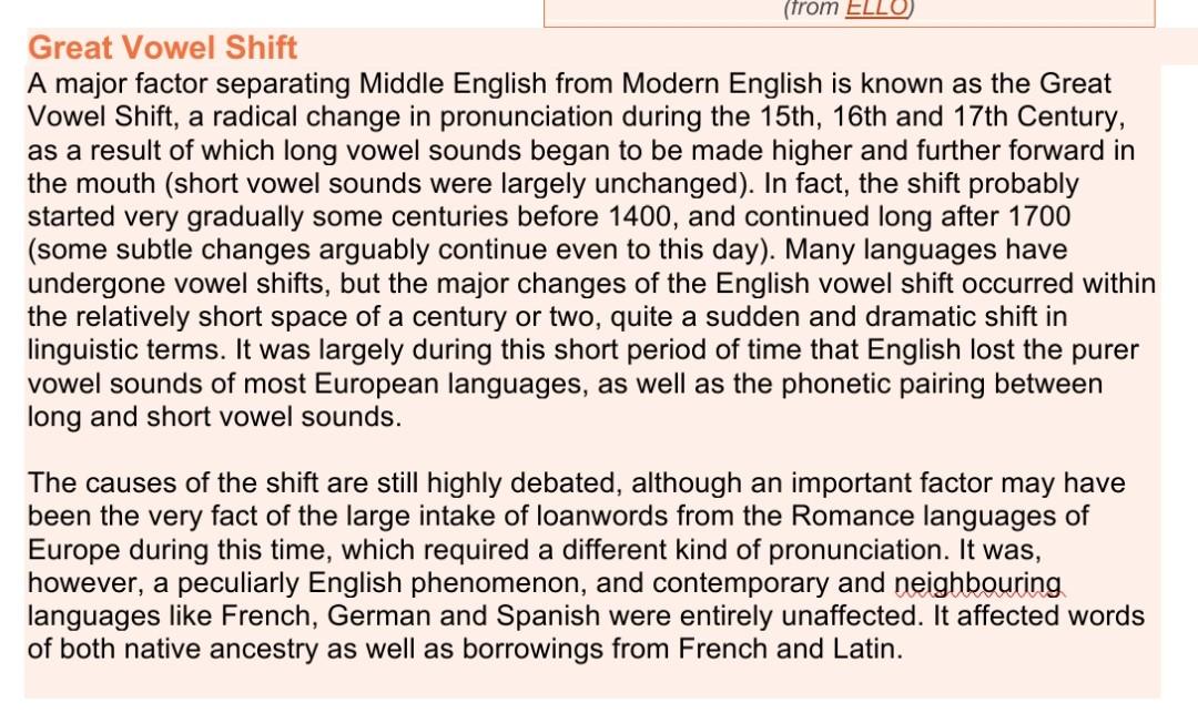 Please summary this. (from ELLO Great Vowel Shift