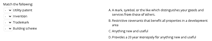 Match the following: Utility patent Invention A.