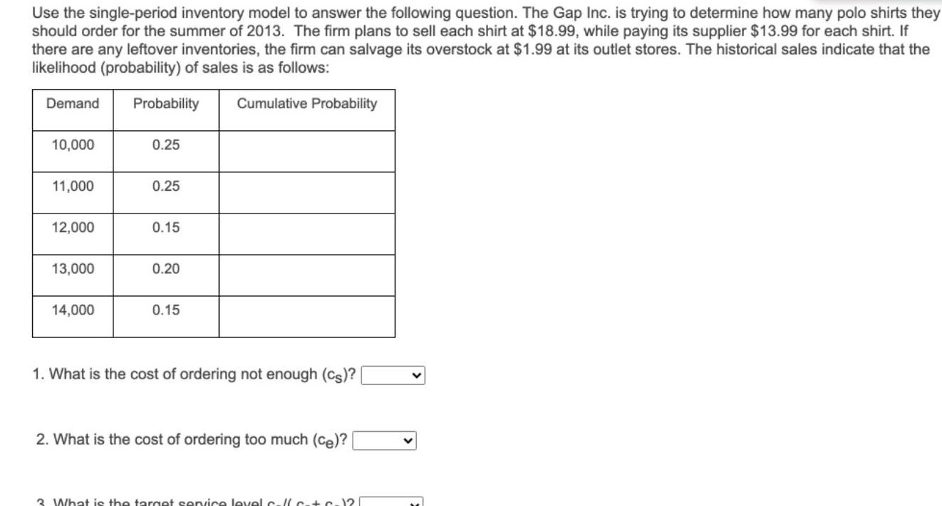 Use the single-period inventory model to answer