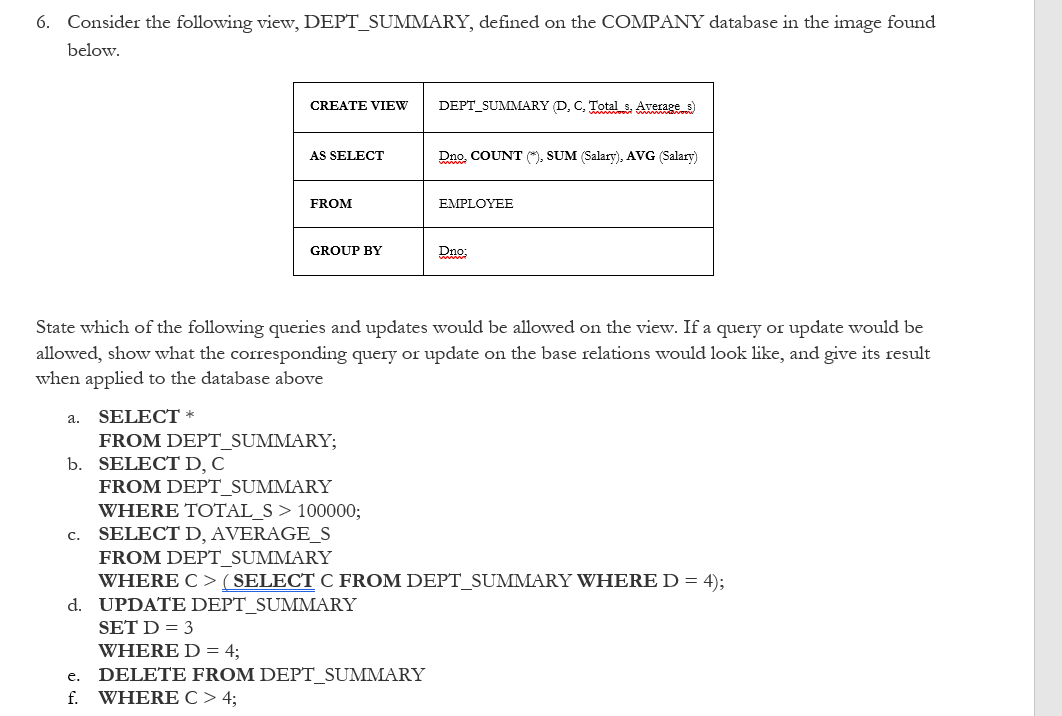 6. Consider the following view, DEPT_SUMMARY,