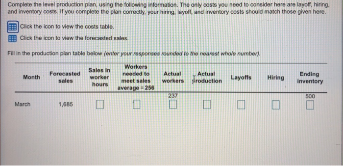 Complete the level production plan, using the