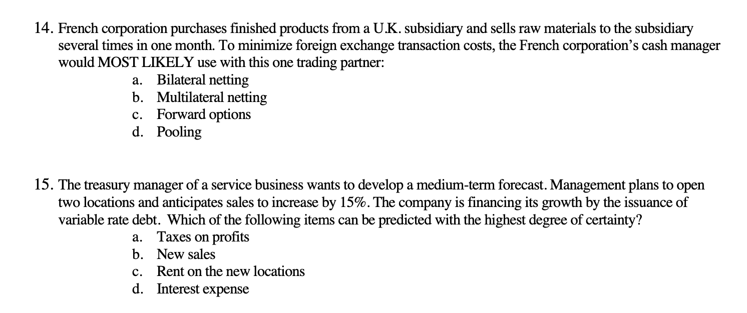 14. French corporation purchases finished