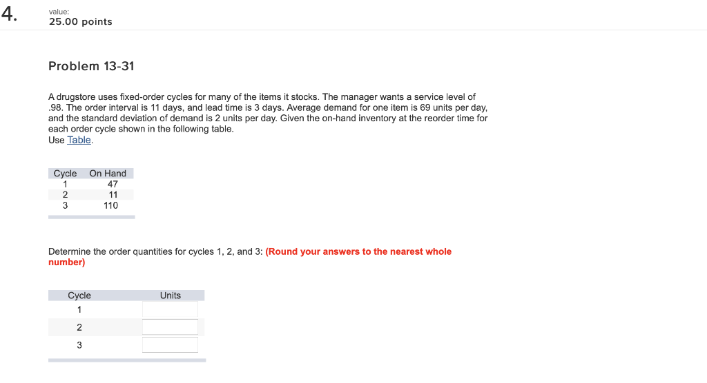 value: 25.00 points Problem 13-31 A drugstore
