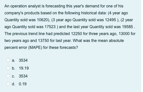 An operation analyst is forecasting this year's