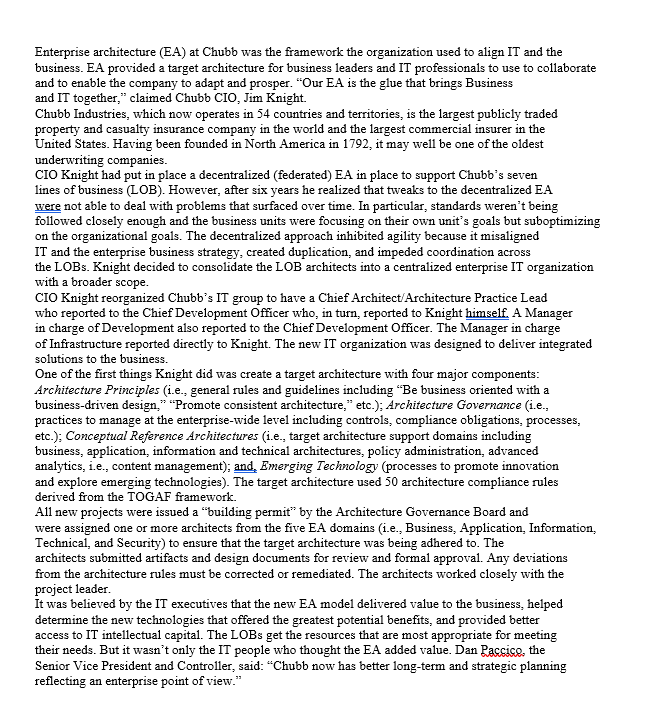 Enterprise architecture (EA) at Chubb was the