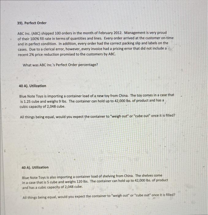 39). Perfect Order ABC Inc. (ABC) shipped 100
