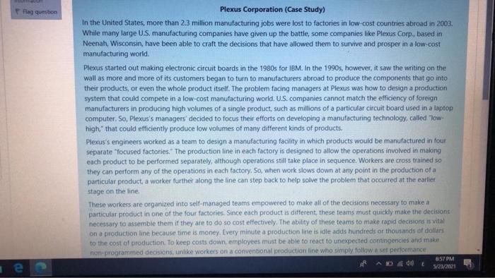 Flag question Plexus Corporation (Case Study) In