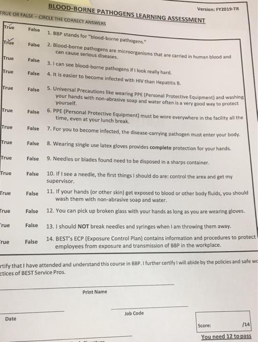 BLOOD-BORNE PATHOGENS LEARNING ASSESSMENT