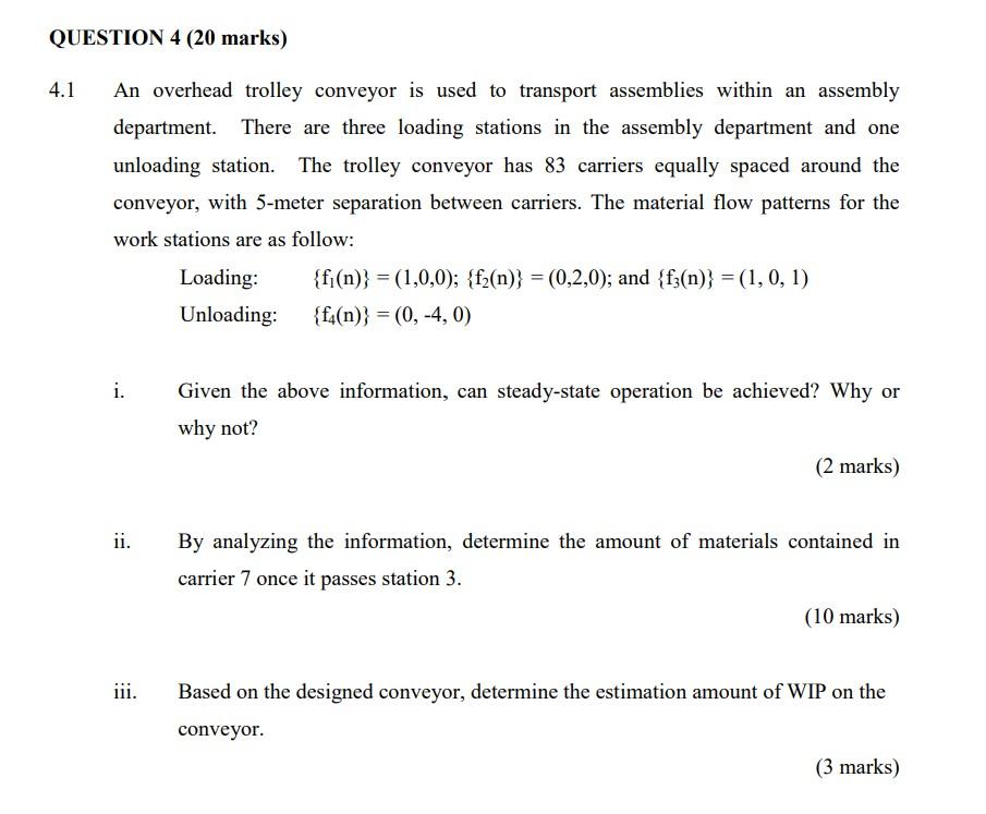 An overhead trolley conveyor is used to transport