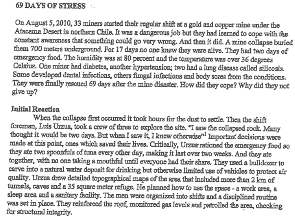 / 69 DAYS OF STRESS On August 5, 2010, 33 miners