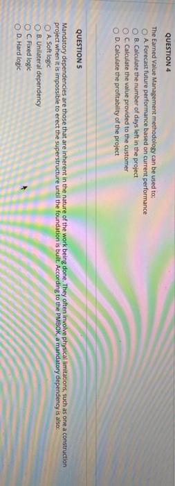 question 4/5 QUESTION 4 The Earned Value