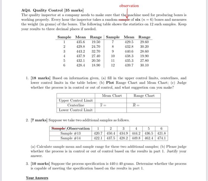 AQ4. Quality Control [35 marks] observation AQ4.
