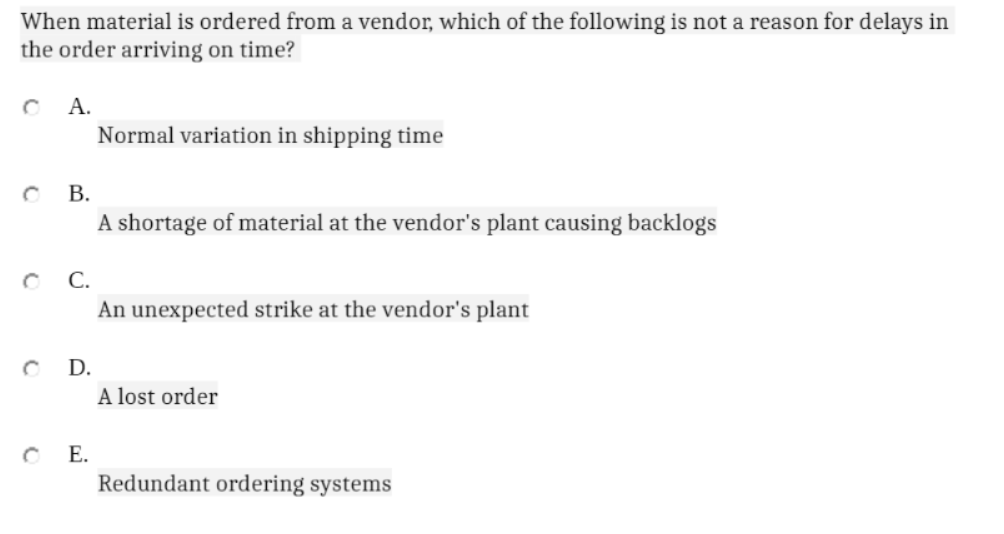 When material is ordered from a vendor, which of