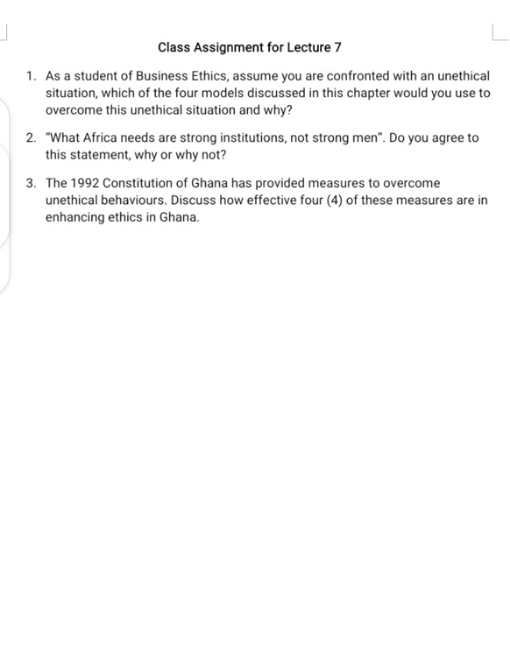 Class Assignment for Lecture 7 1. As a student of