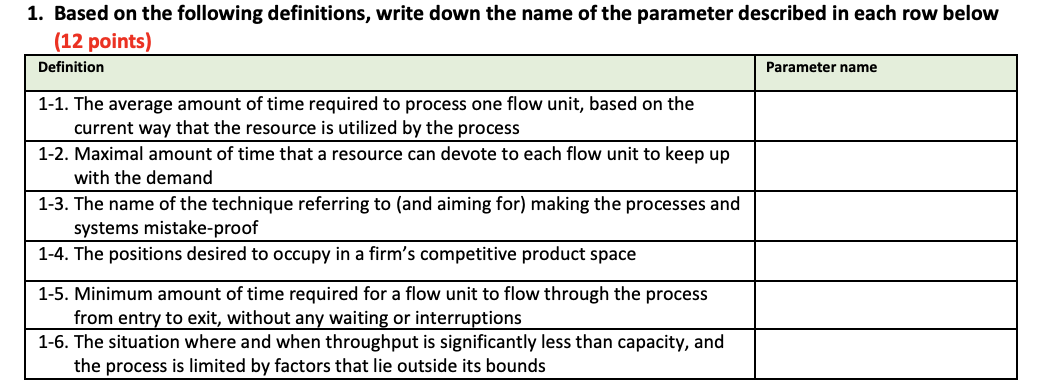 1. Based on the following definitions, write down