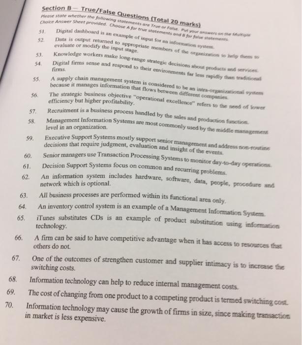 True/False Questions (Total 20 marks) Section B
