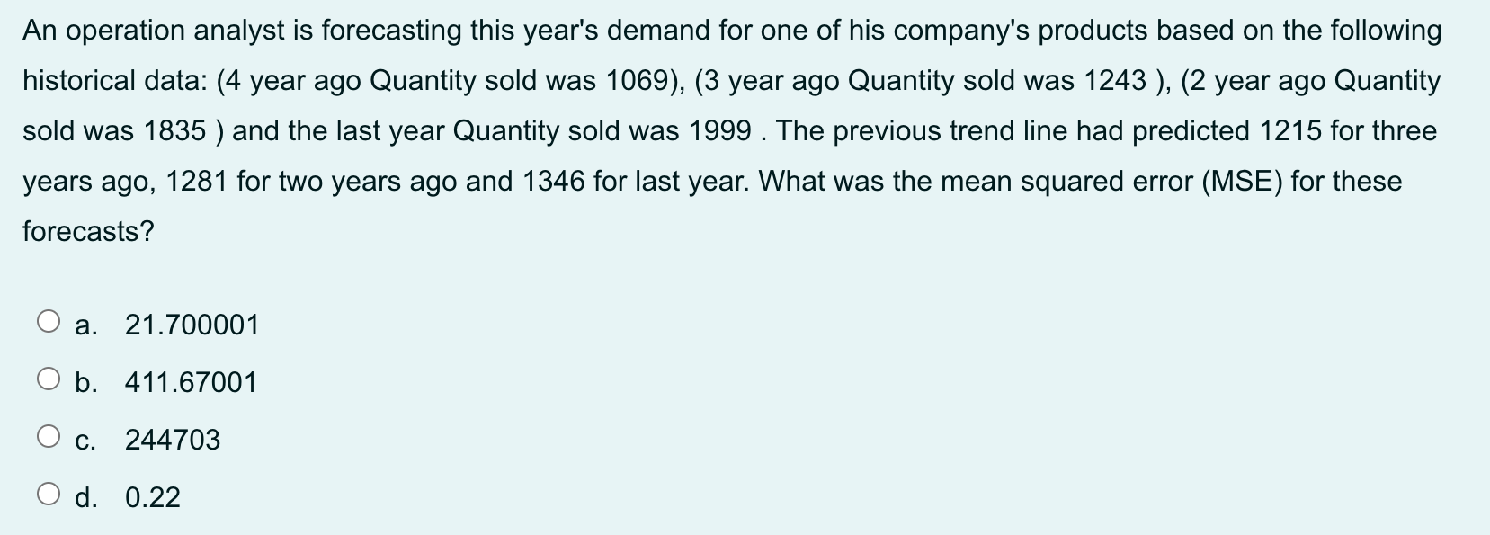 An operation analyst is forecasting this year's